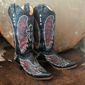 CORRAL A1996 black, red & white winged cross snip toe cowgirl western boots sz 6